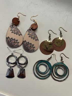 Beige Floral Teardrop Leather Earrings with Wooden Accent
4 pair for $30